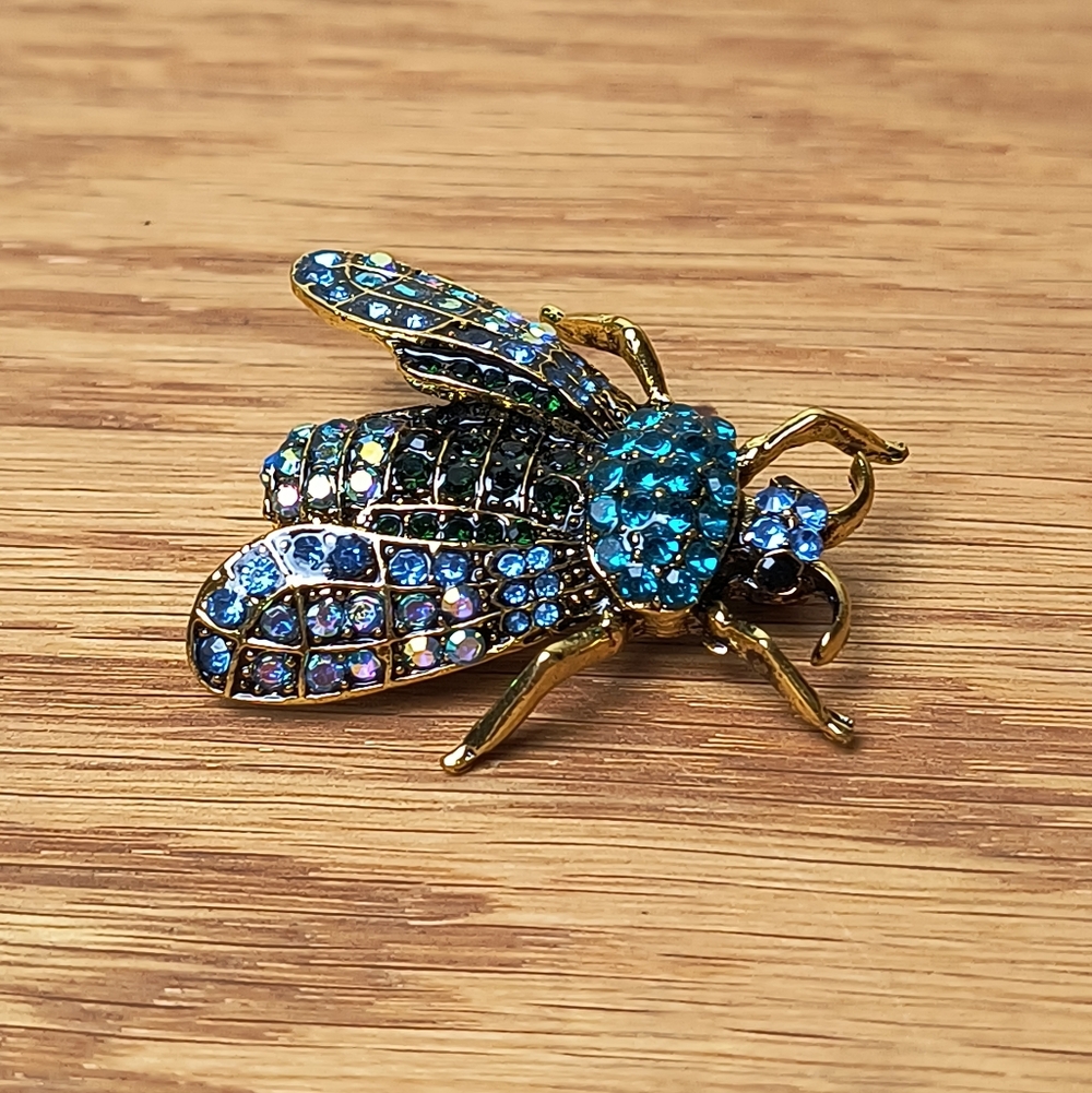 Gold and Blue Bejeweled Insect Brooch